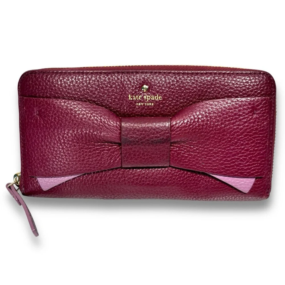 Kate Spade Eden Lane Lacey Zip Around Wallet Merlot Pebbled Leather Bow Accent